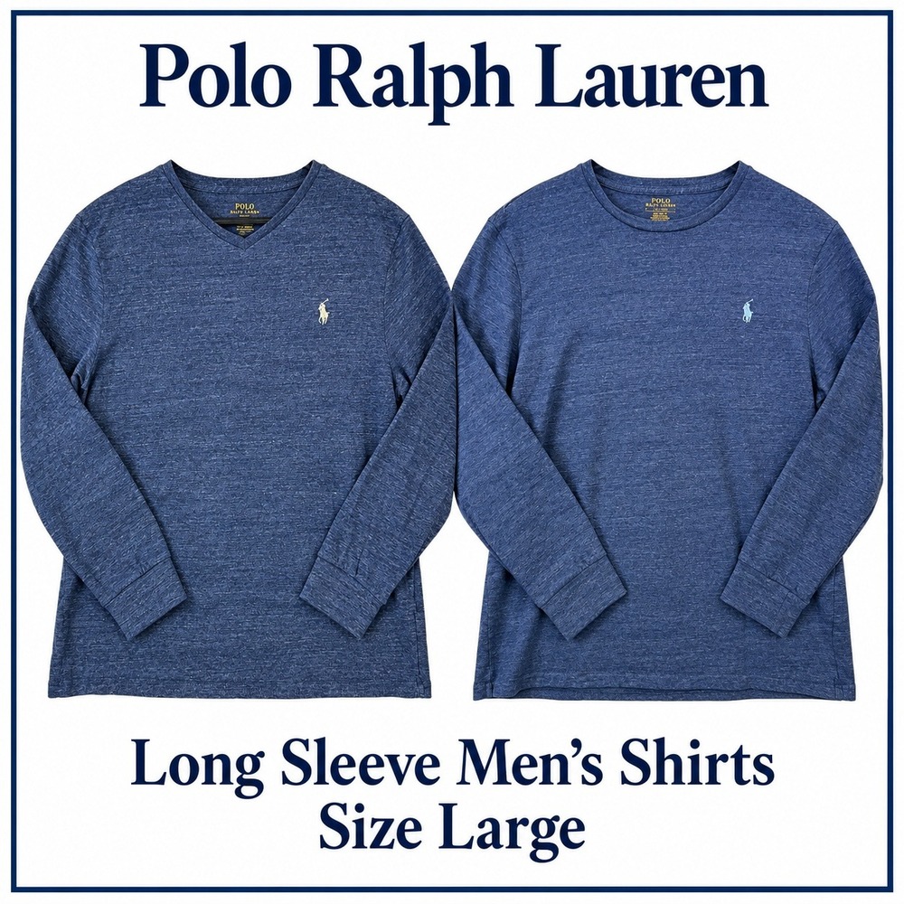 Polo Ralph Lauren Custom Fit T-Shirts Mens L Blue Heathered Long Sleeve Lot of 2